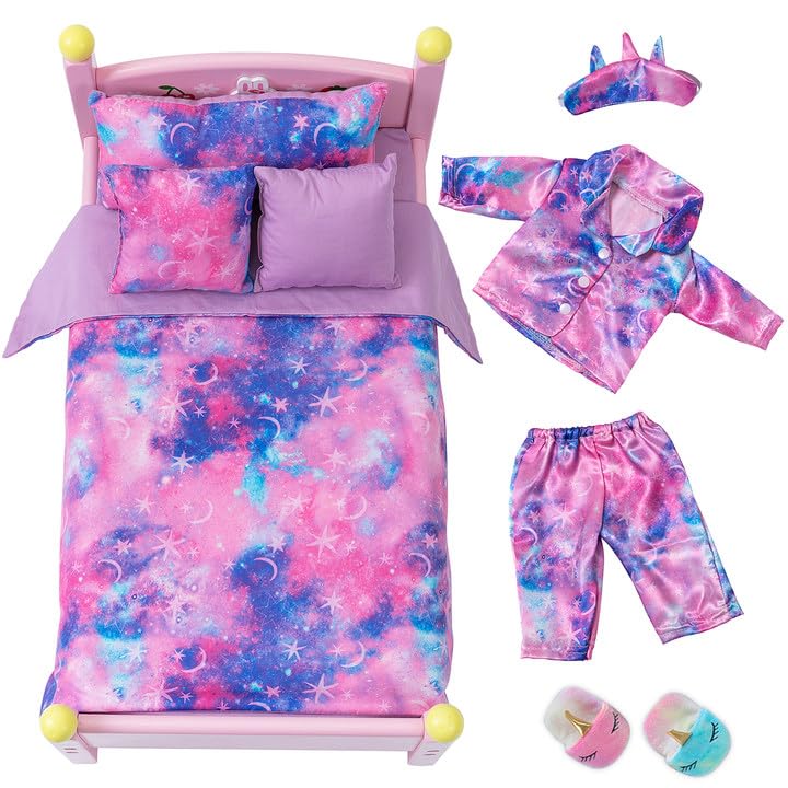 K. T. Fancy K.T. Fancy 8 PCS 18 Inch Girl Doll Clothes and Accessories Sleeping Sheet Pajamas Eye Mask Unicorn Slippers Pillow(Doll and Bed are Not Included) - Image 1